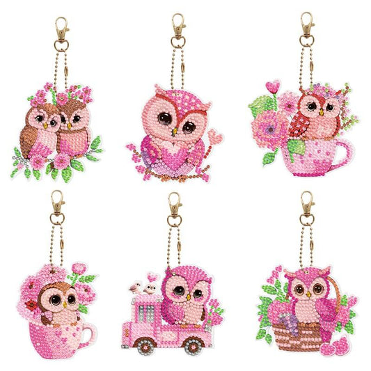 6pcs DIY Diamond Painting Keychains - Pink Owl