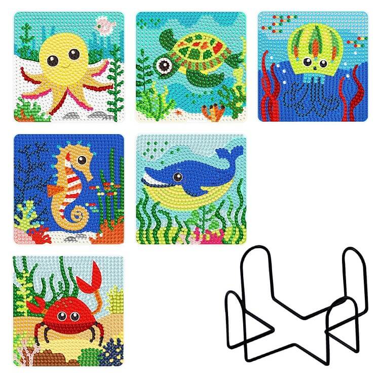 6pcs Sea Animal Diamond Painting Coaster Set (With Stand)