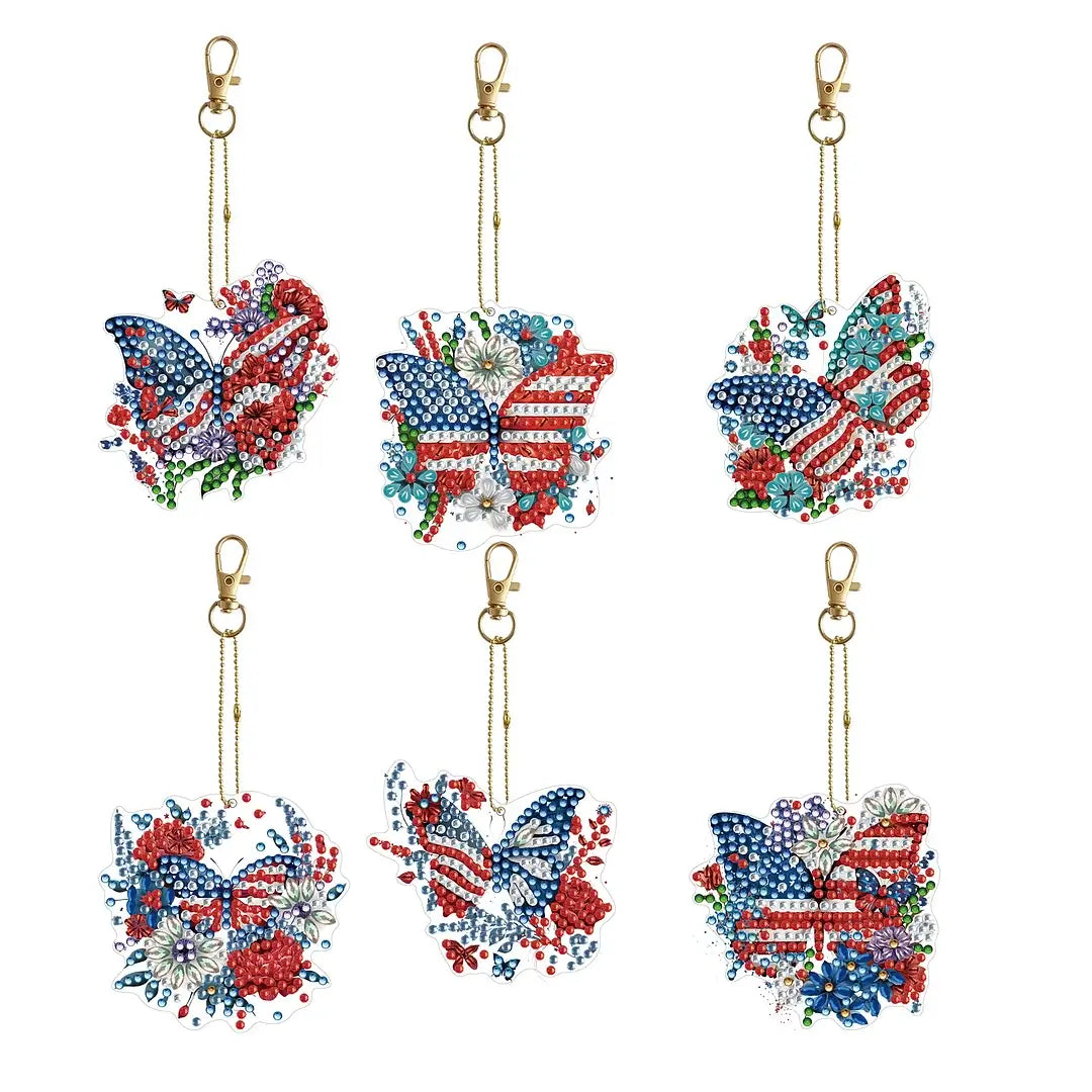6pcs US Flag Butterfly DIY Diamond Painting Keychains / Bag Pendants