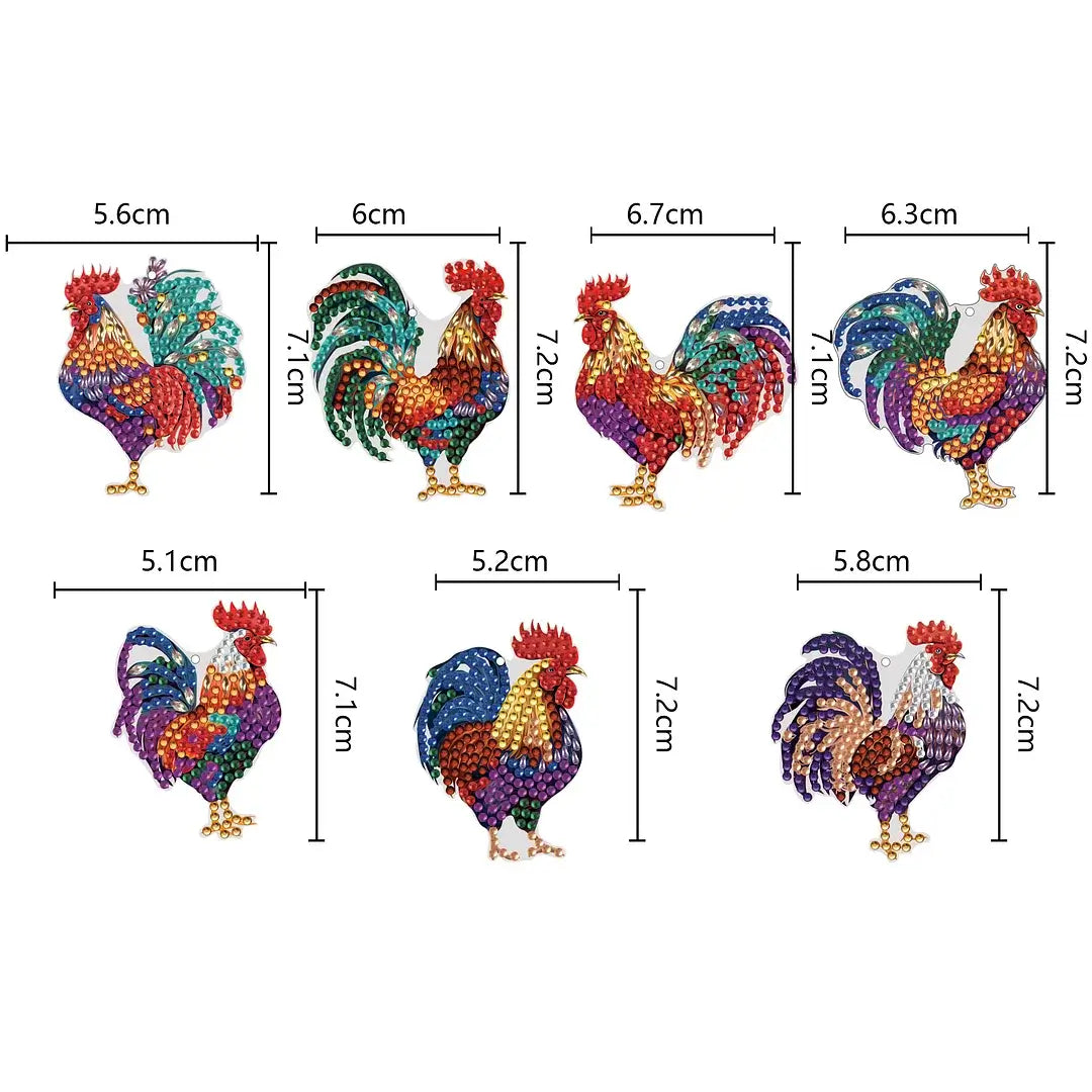 7pcs roosters diy diamond painting keychains sizes