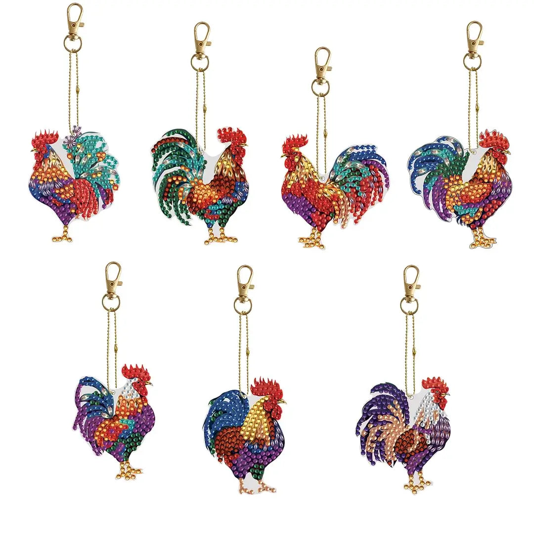 7pcs DIY Diamond Painting Keychains - Roosters