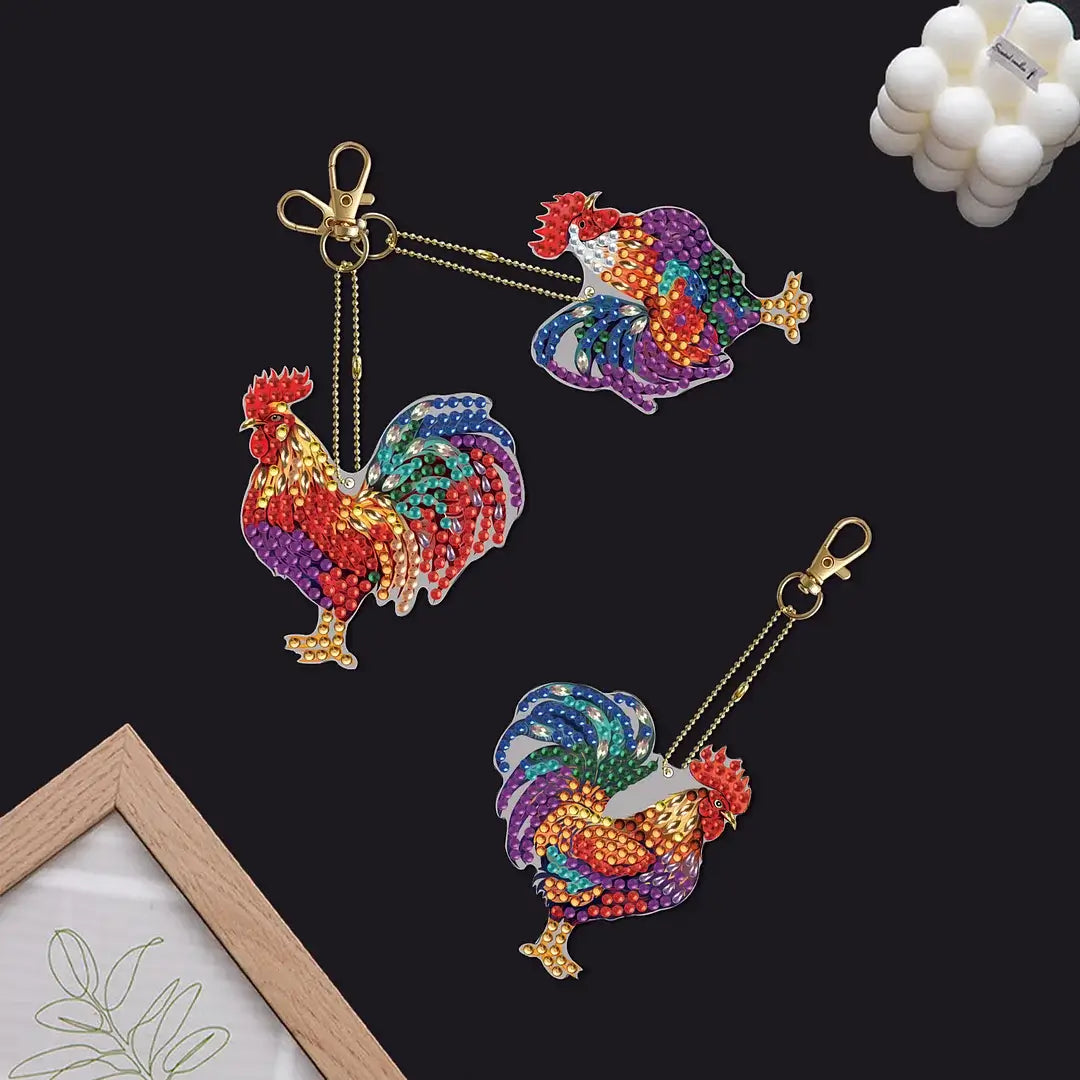 7pcs roosters diy diamond painting keychains