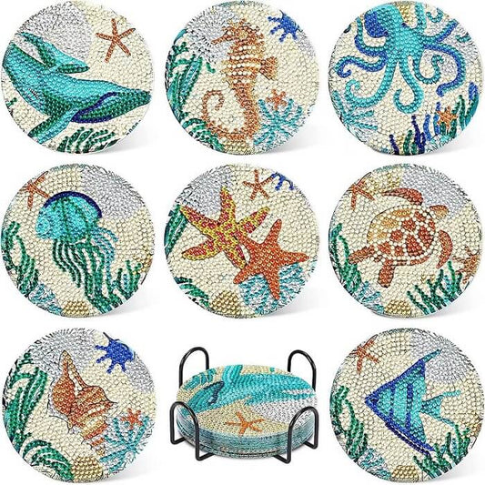 8 Pcs DIY Sea Animals Diamond Painting Coasters with Holder