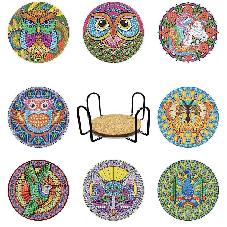 8pcs animals diamond painting cup coaster set with stand