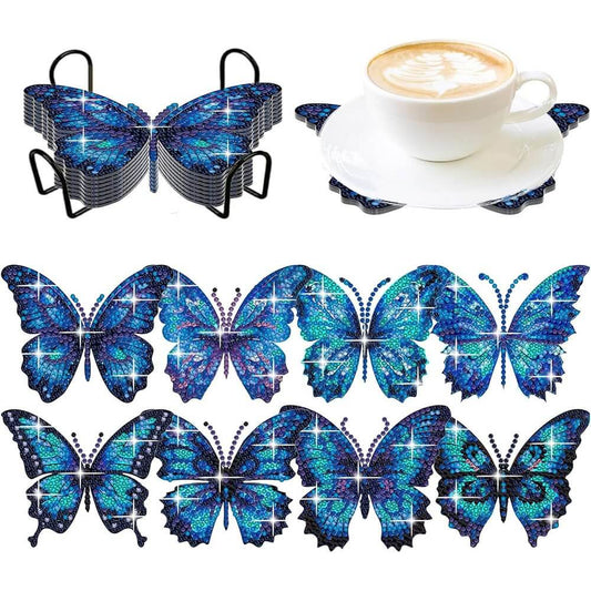 8PCS Blue Butterfly DIY Special Shaped Diamond Painting Coaster (With Stand)