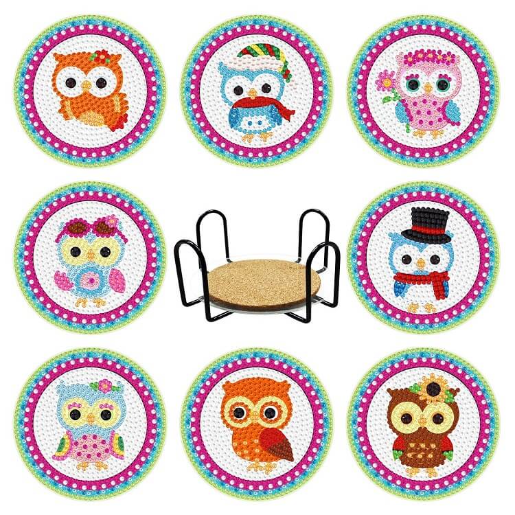 8pcs owl diamond painting cup coaster set with stand