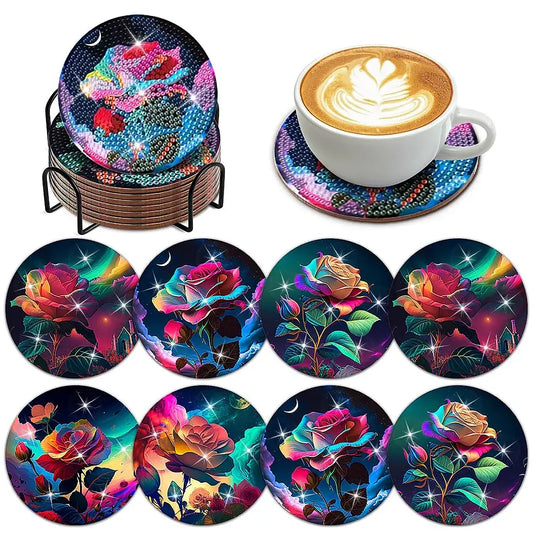 8PCS Rose Flower DIY Special Shaped Diamond Painting Coaster (With Stand)