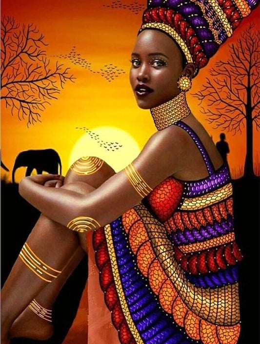 Hermosa mujer africana | Kits de pintura de diamantes redondos completos 