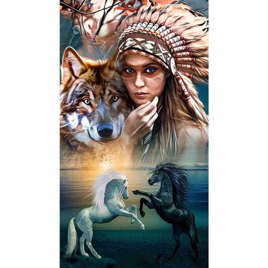 Diamond Painting - Full Round / Square - Indian Woman Wolf Horses (50*90cm)
