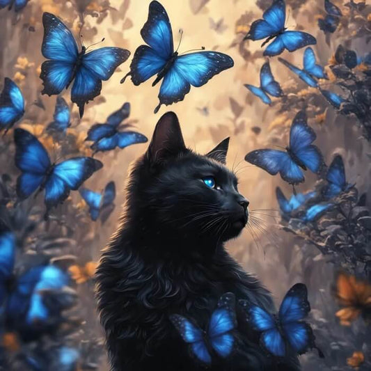 Blue Butterfly Cat Full Round / Square Diamond Painting 