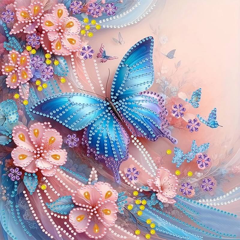 Blue Butterfly and Pink Flower