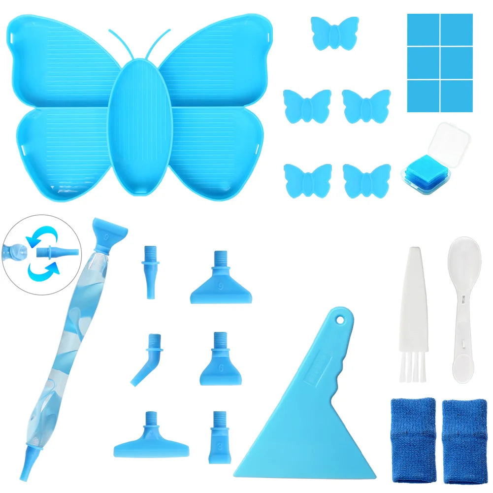 Blue Butterfly Shaped Diamond Painting Beads Trays And Drill Pens Kit B