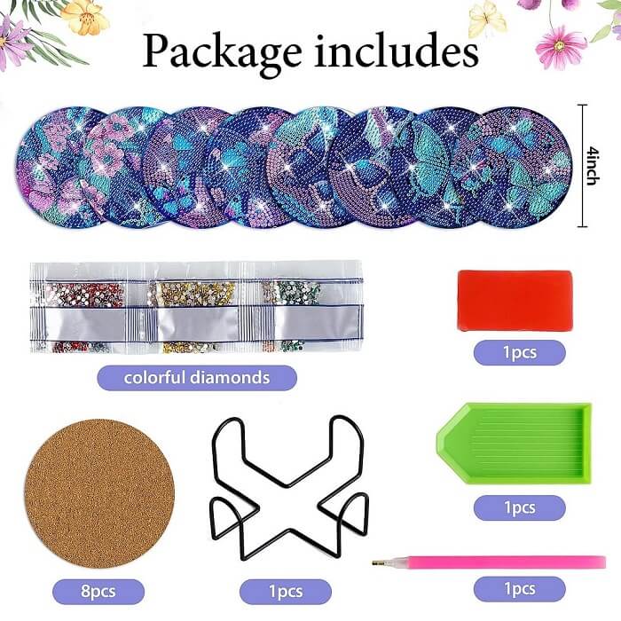 8pcs DIY Diamond Painting Butterfly Cup Coaster Kit Pakcage