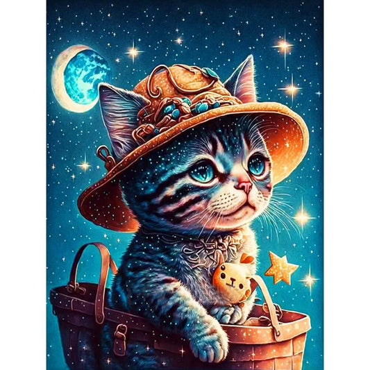 5D DIY Diamond painting - Full Round / Square - Cat With Hat Under Moon