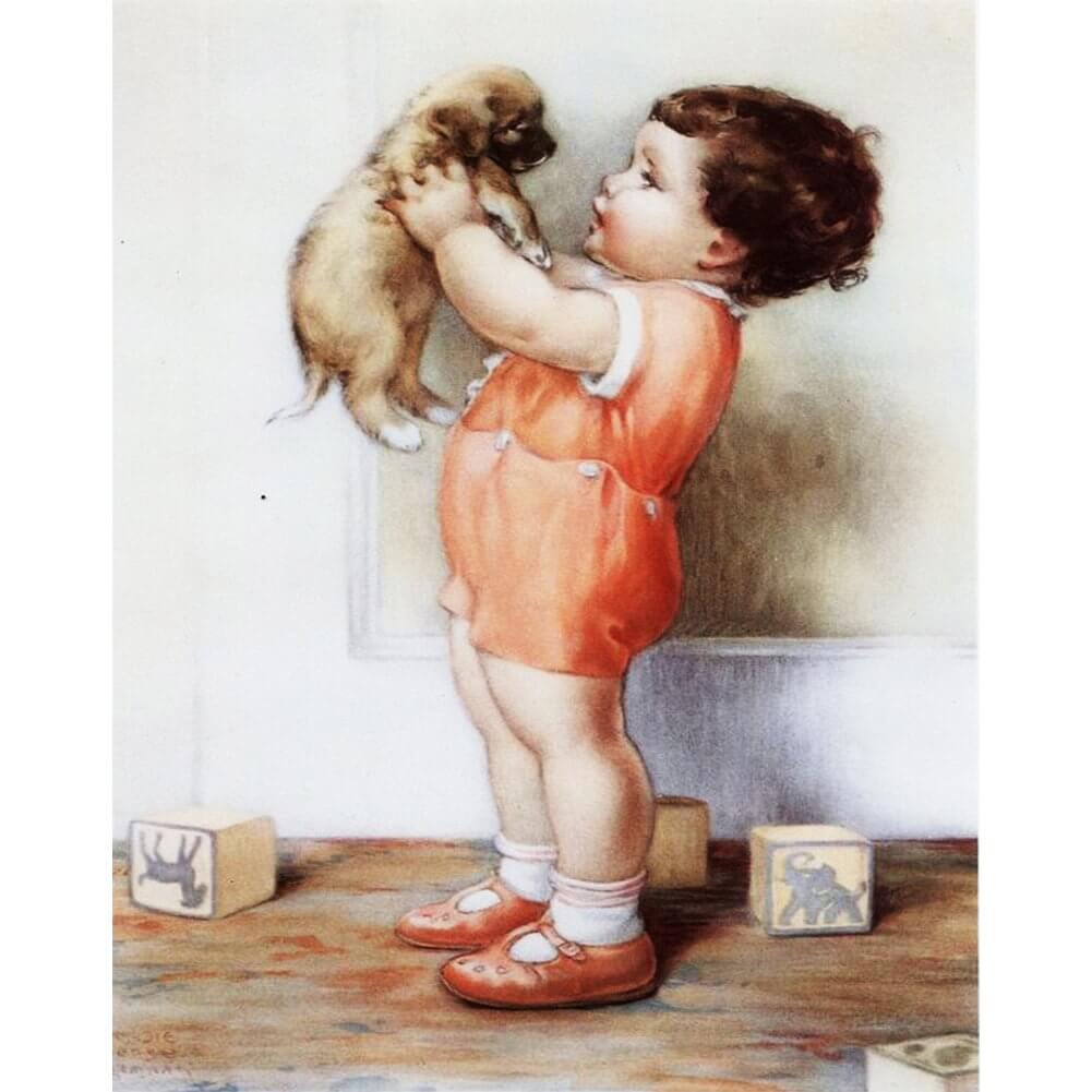 child with dog diamond painting