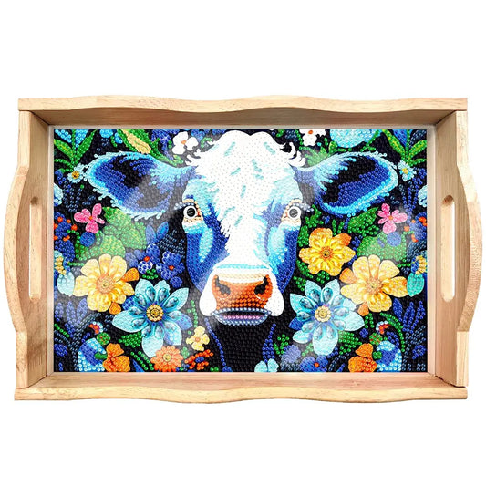 cow diamond painting decor wooden food tray kit