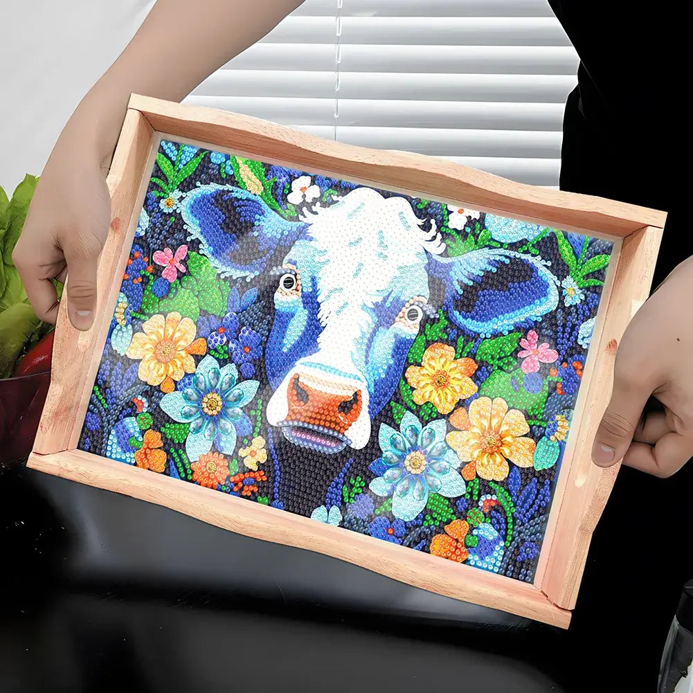 cow diamond painting decor wooden food tray