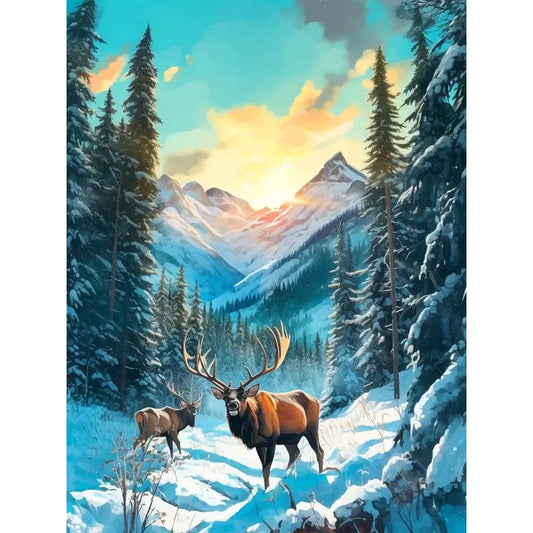 Diamond Painting - Full Round / Square - Deers & Snow Mountain
