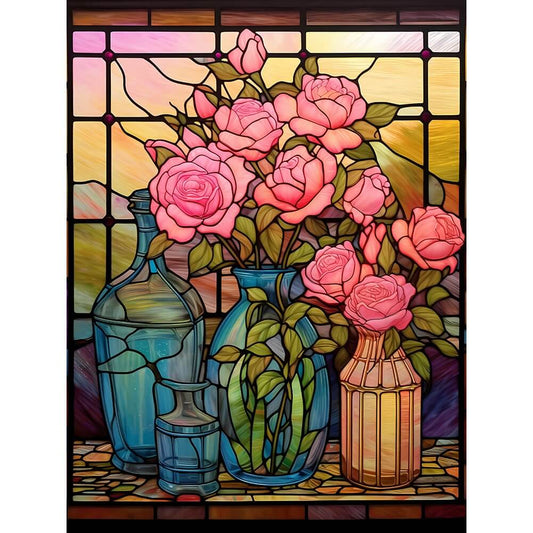 Flower Diamond Painting - Full Round / Square - Stained Glass Rose Vase D