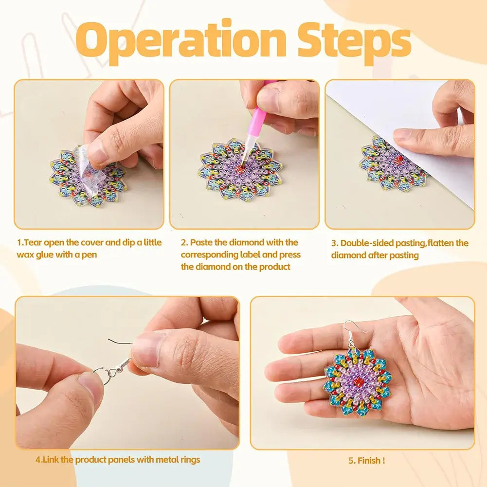 Mandala 8 Pairs DIY Diamond Painting Earrings Steps
