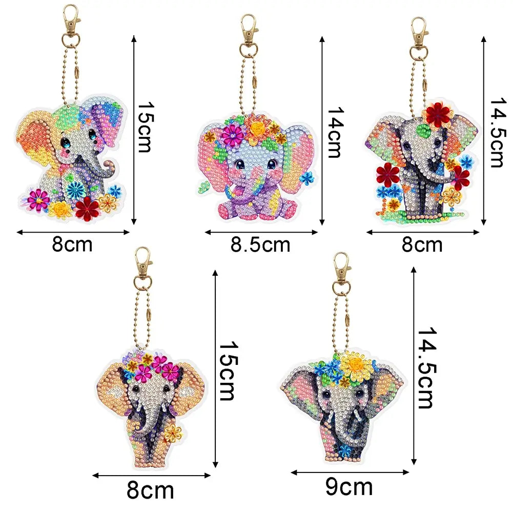 Flower Elephant 6pcs DIY Diamond Painting Keychains Sizes