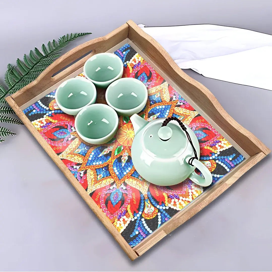 DIY mandala diamond art decor wooden food tray