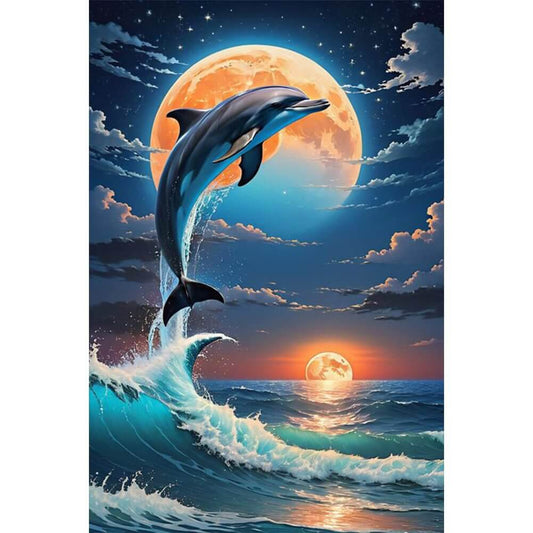 Dolphin Under Moon Diamond Art Kit