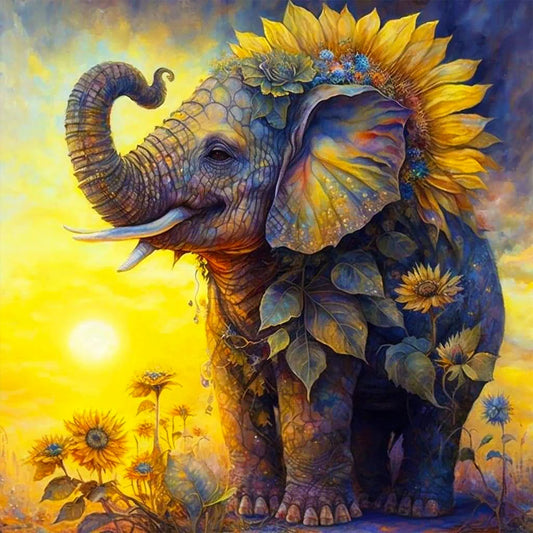 Diamond Painting - Full Round / Square - Elephant & Sunflowers