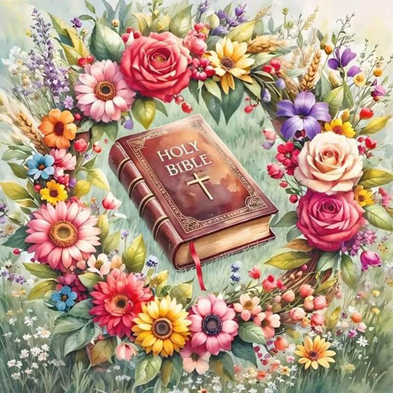 flower wreath and holy bible diamond painting kit