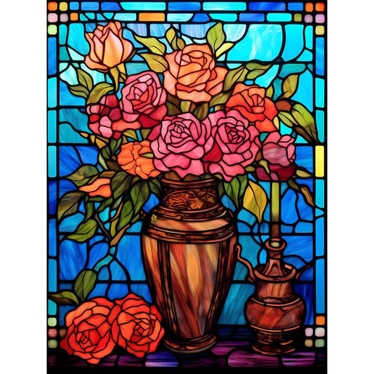 Diamond Painting - Full Round / Square - Stained Glass Rose Vase A