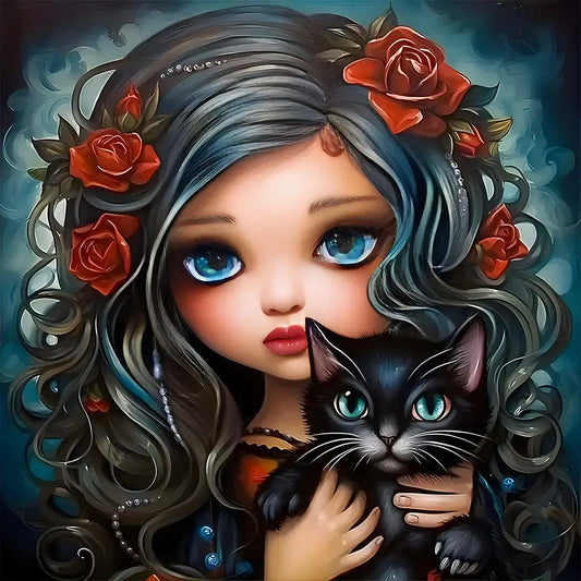 Girl And Black Cat Diamond Painting