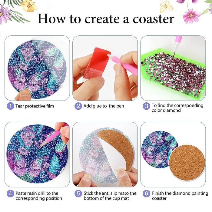 How to paint 8pcs DIY Diamond Painting Acrylic Coaster Butterfly Cup Coaster With Stand