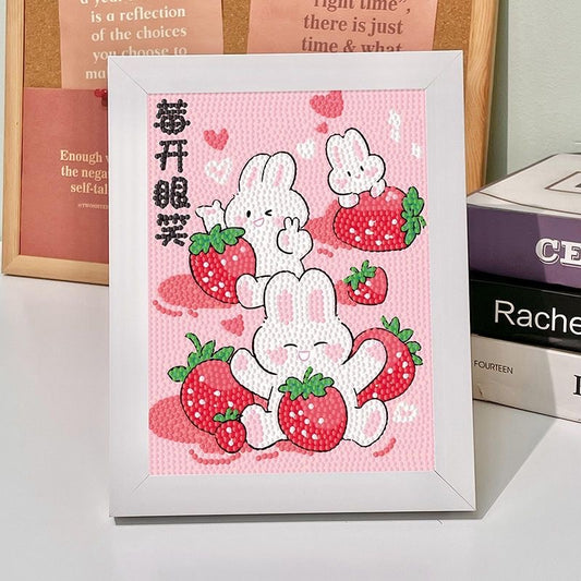 Kit de pintura de diamantes de conejos y fresas para niños con o sin marco