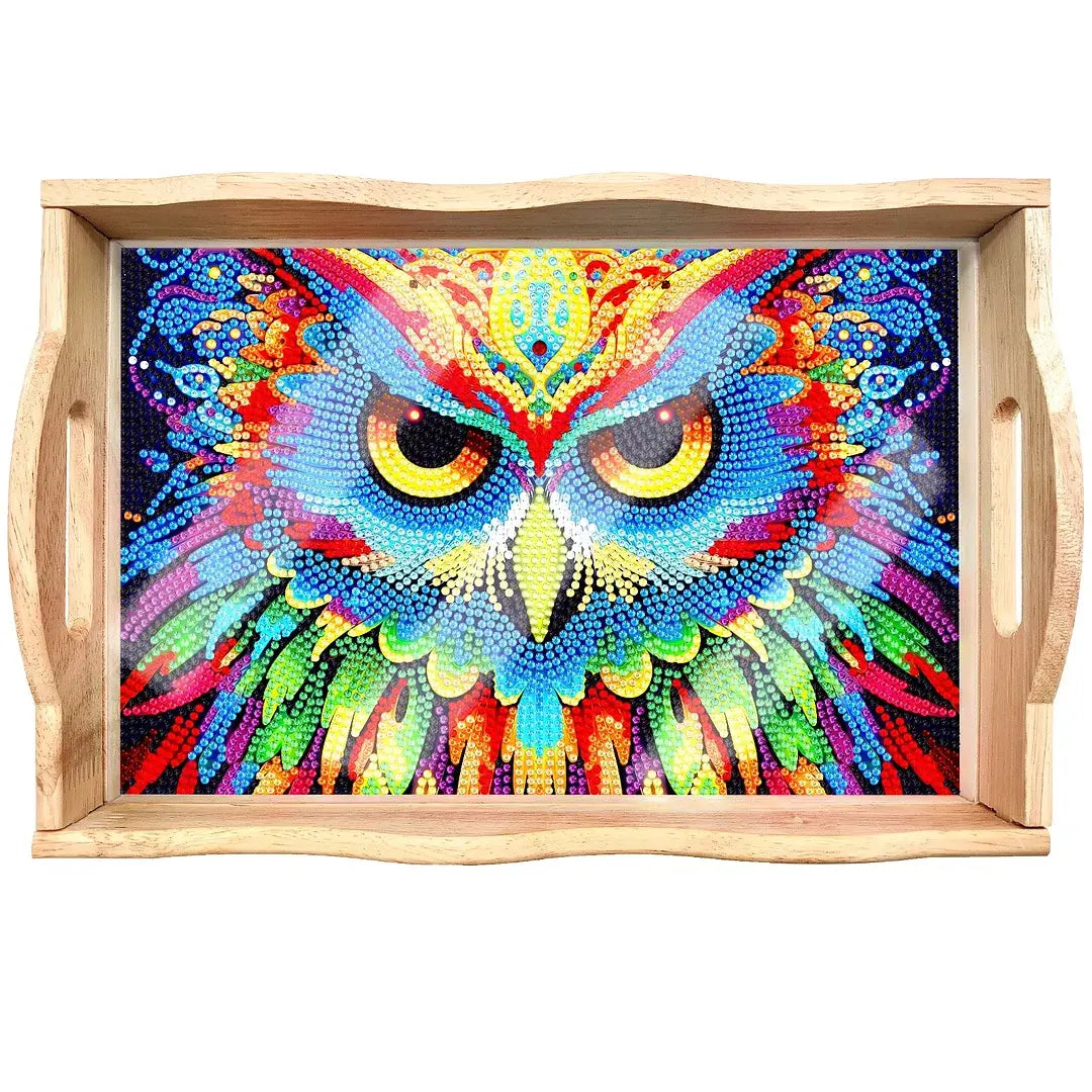 owl diamond painting decor wooden food tray kit