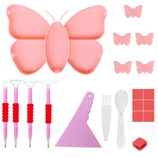Pink Butterfly Shaped Diamond Painting Beads Trays And Drill Pens Kit A