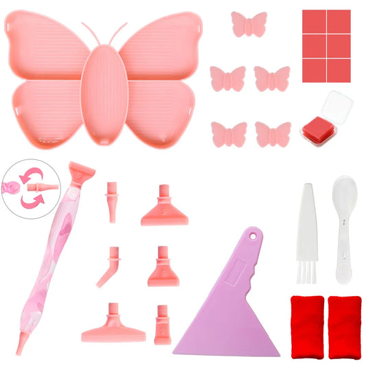 Pink Butterfly Shaped Diamond Painting Beads Trays And Drill Pens Kit B