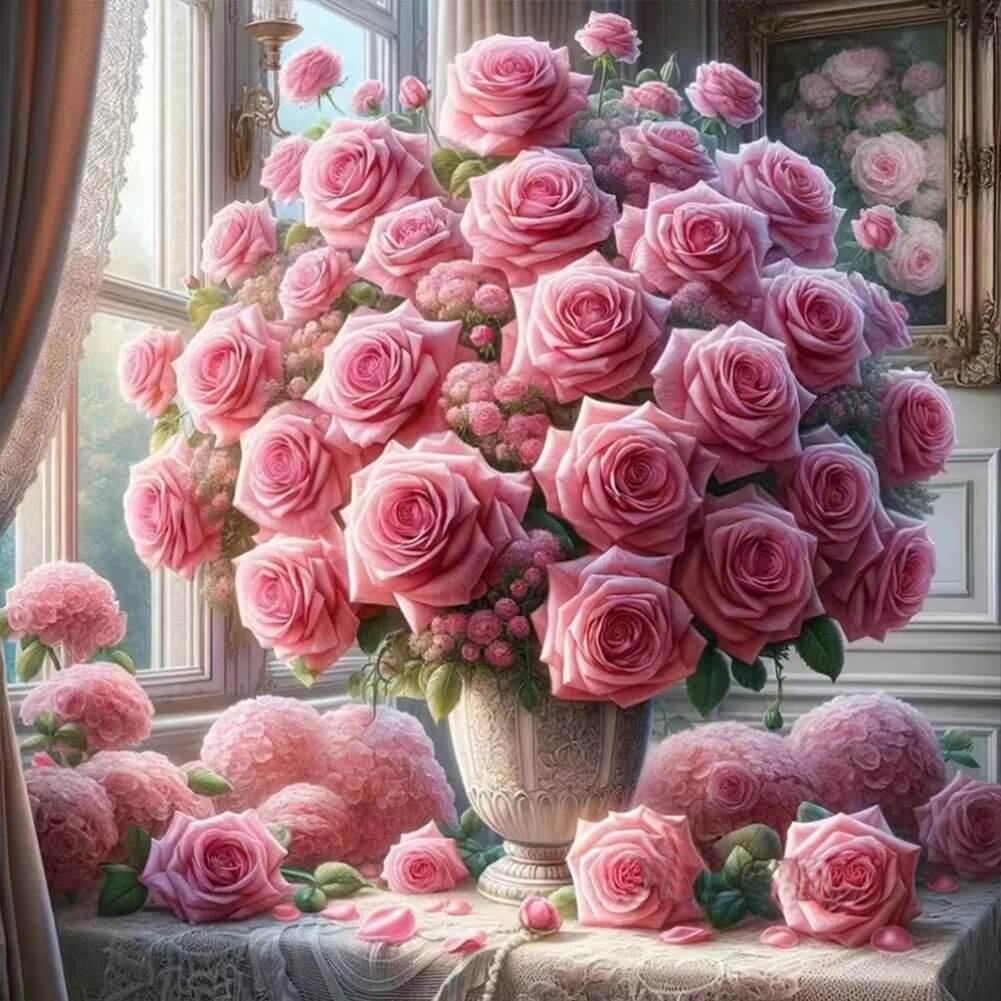 5D DIY Diamond Painting Kit - Full Round / Square - Pink Rose Vase B