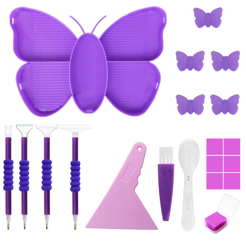 Purple Butterfly Shaped Diamond Painting Beads Trays And Drill Pens Kit A