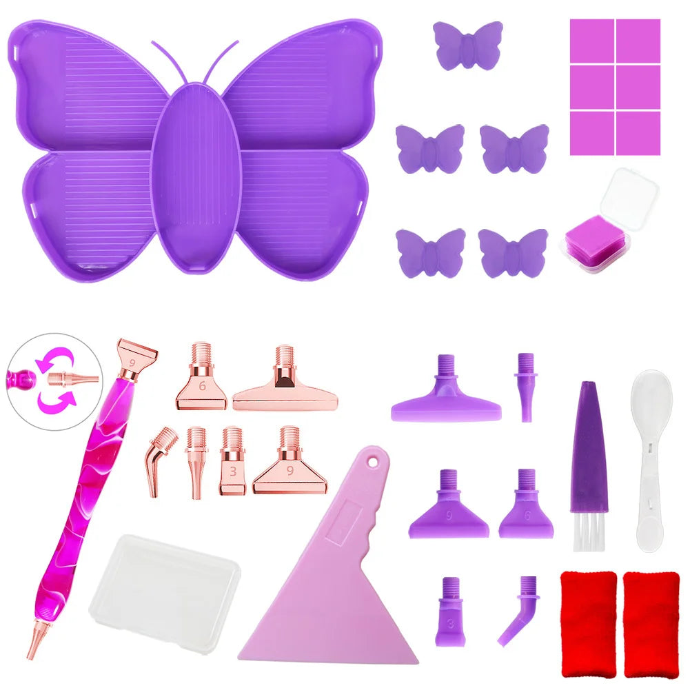 Purple Butterfly Shaped Diamond Painting Beads Trays And Drill Pens Kit C