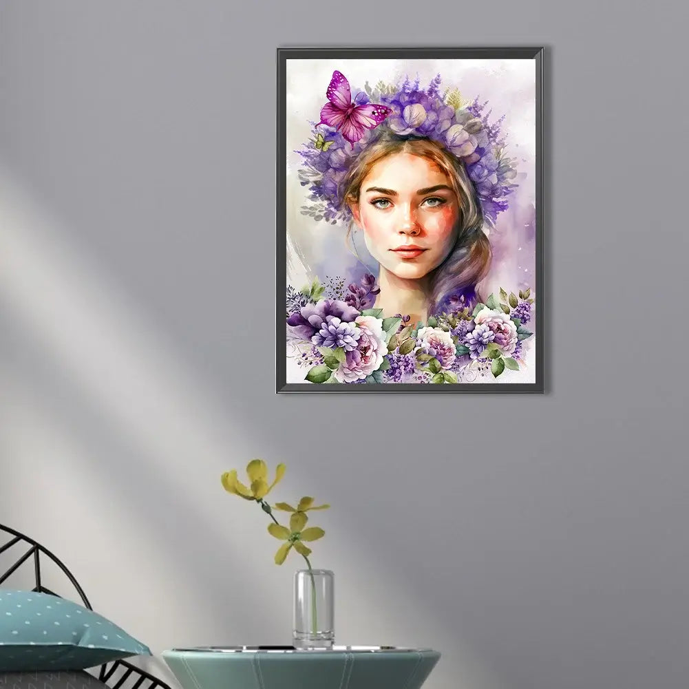 purple diamond art girl with flowers