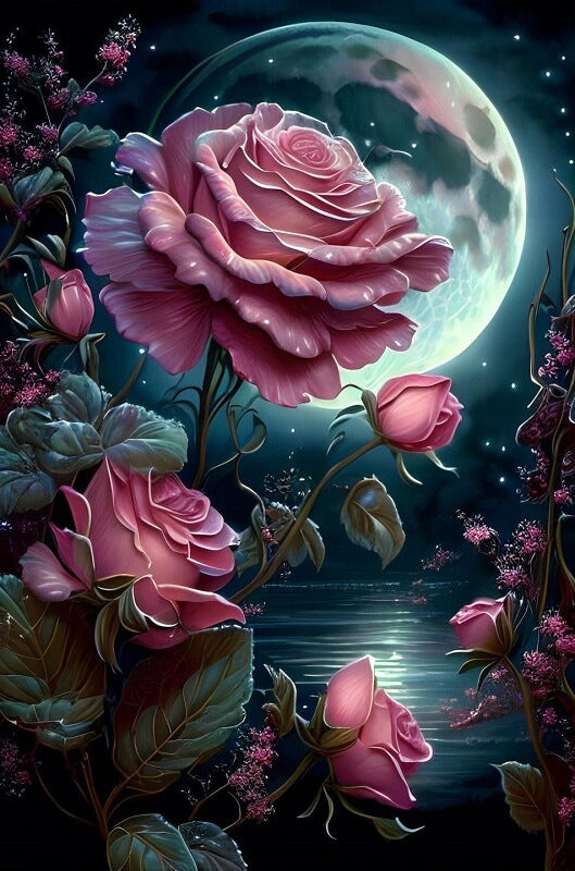Moon Night Rose Flower Diamond Art