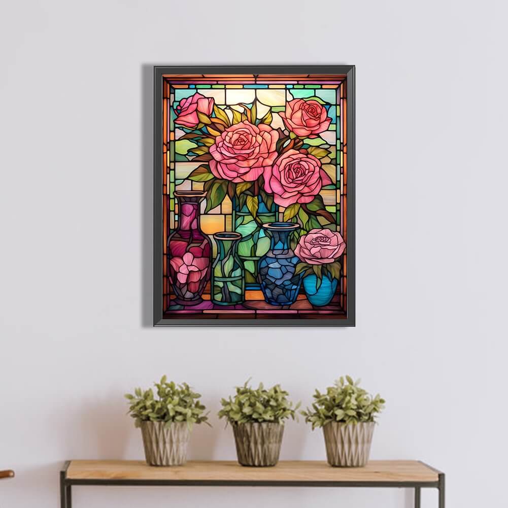 Stained Glass Rose Vase Flower Diamond Painting Art Kit