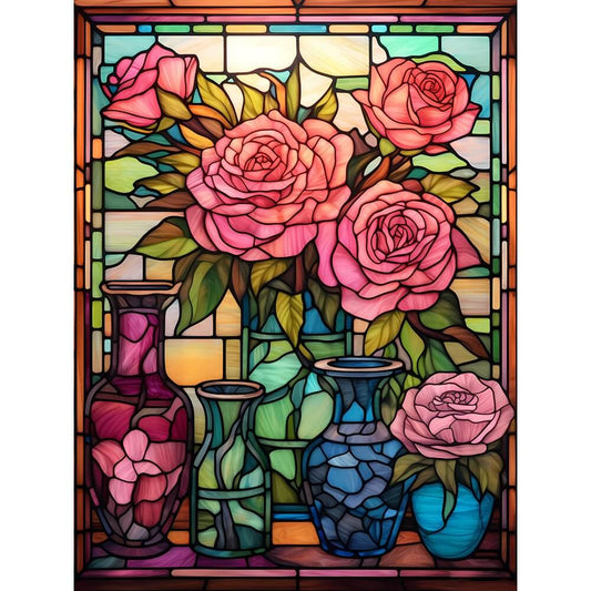Flower Diamond Painting - Full Round / Square - Stained Glass Rose Vase F