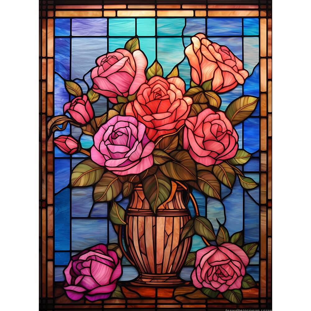 Flower Diamond Painting - Full Round / Square - Stained Glass Rose Vase H