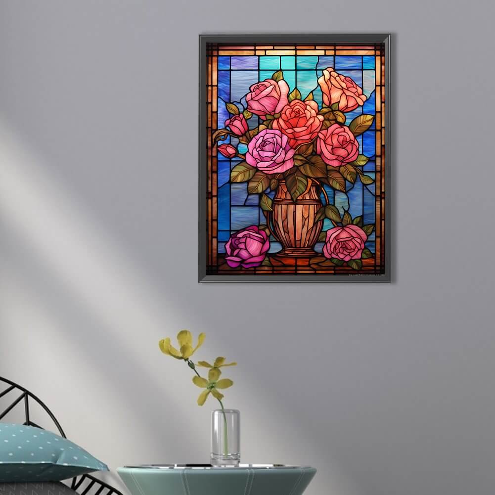 Stained Glass Rose Vase Full Round Square Diamond Painting