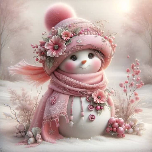 Snowman With Pink Scarf Diamond Art