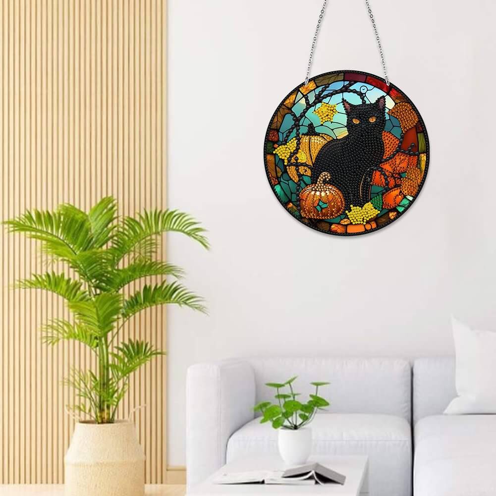 Stained Glass Black Cat DIY Diamond Painting Vintage Hanging Ornament 