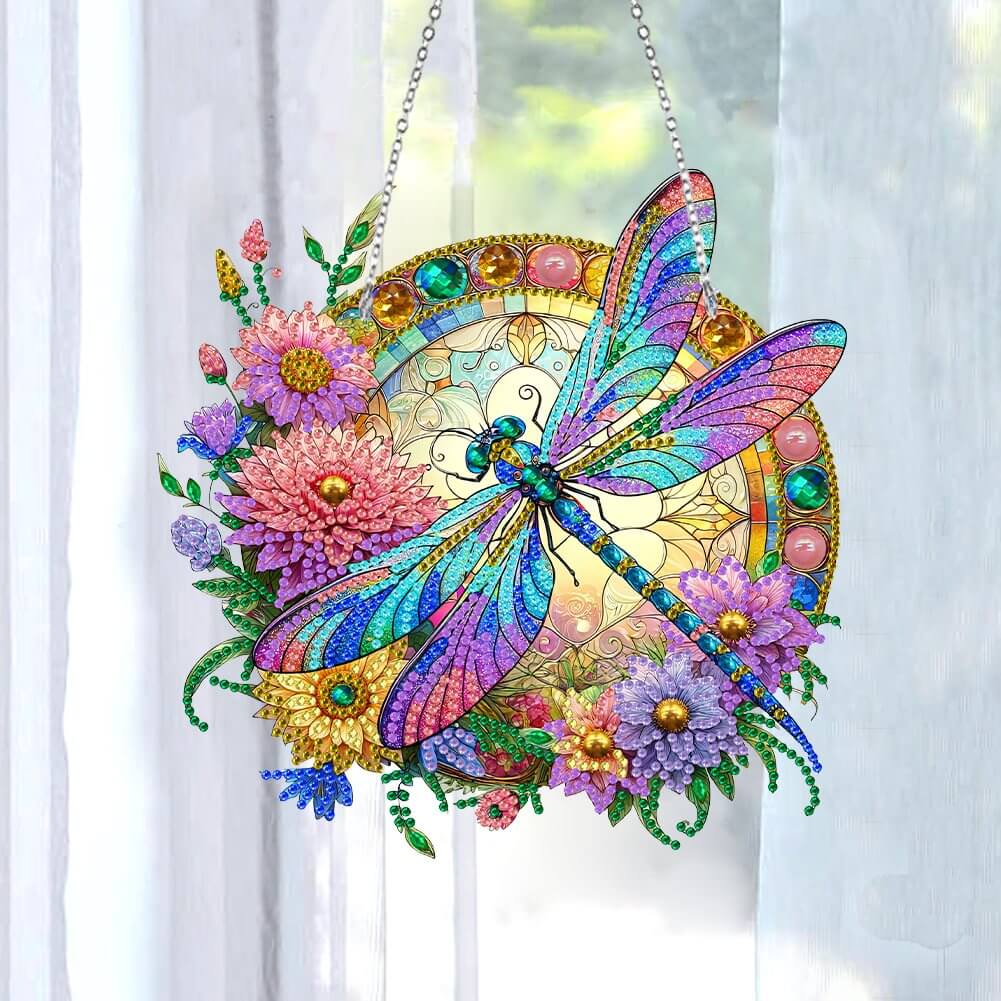 Stained Glasses Style Dragonfly DIY Diamond Painting Vintage Hanging Ornament