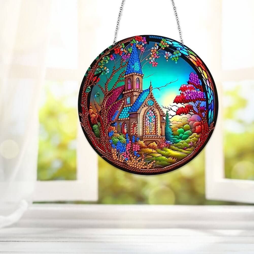 Stained Glasses House DIY Diamond Painting Vintage Hanging Ornament 