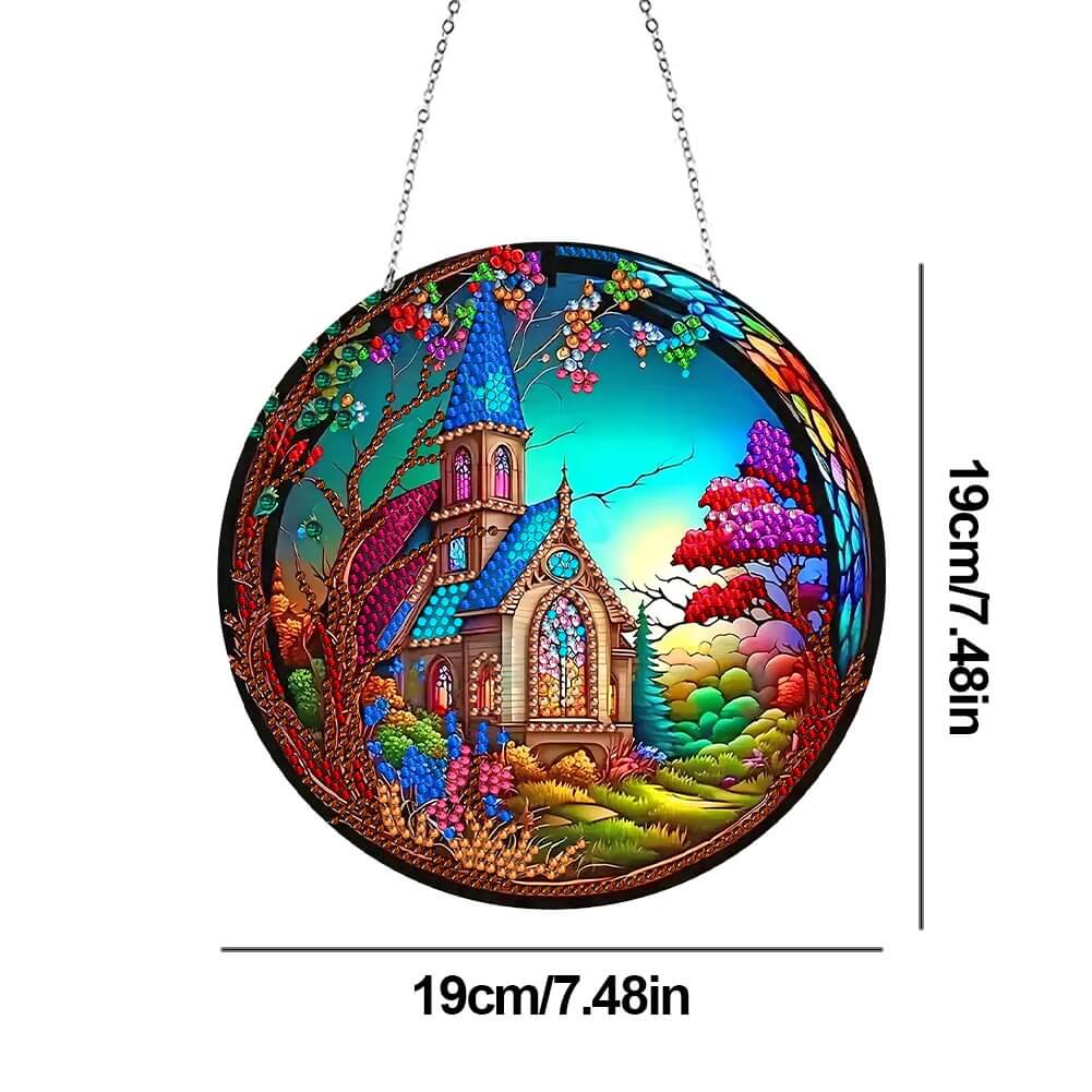 Stained Glasses House DIY Diamond Painting Vintage Hanging Ornament Size